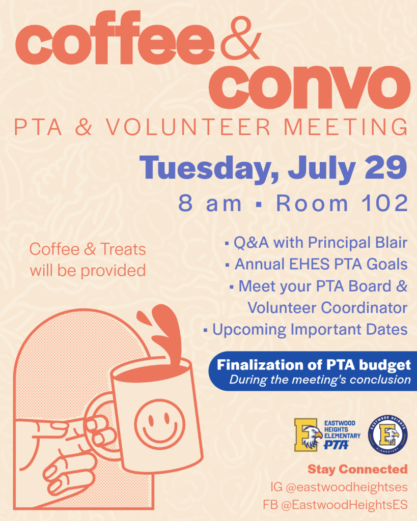 PTA and Volunteer Meeting on Tuesday July 29 at 8 am