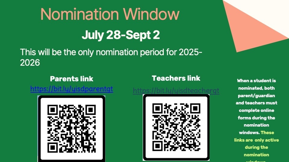 Gifted and Talented Nominations are open from July 28 to September 2, 2025