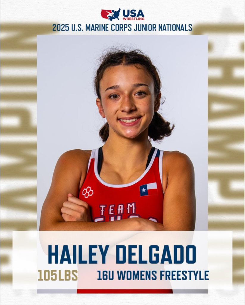 Hailey Delgado wins national champion in the 105-pound weight class at Junior Nationals in Fargo, ND.