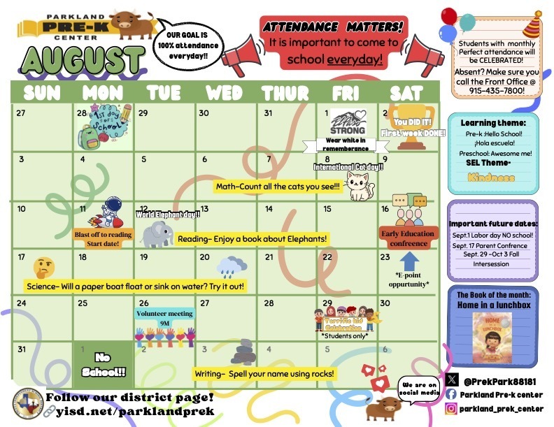 PPK August Parent Calendar 2025