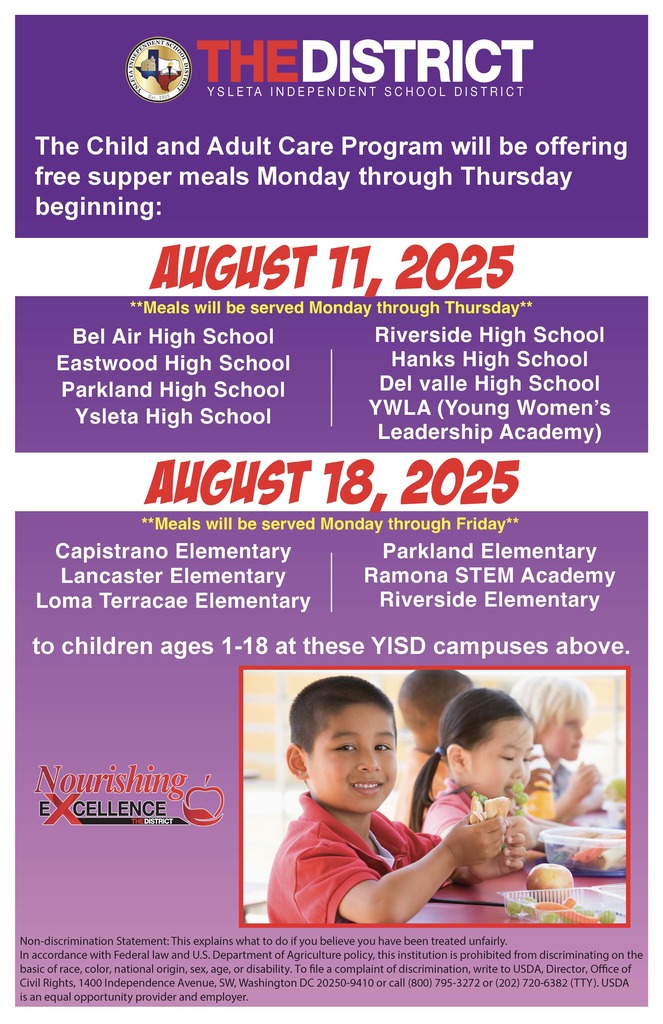 Flyer announcing free supper meals at Ysleta ISD schools, starting August 11, 2025, for Bel Air, Eastwood, Parkland, Ysleta, Riverside, Hanks, Del Valle High Schools, and YWLA (Monday-Thursday), and from August 18, 2025, for Capistrano, Lancaster, Loma Terrace, Parkland, Ramona STEM, and Riverside Elementary schools (Monday-Friday) for children ages 1-18, with a photo of children eating.