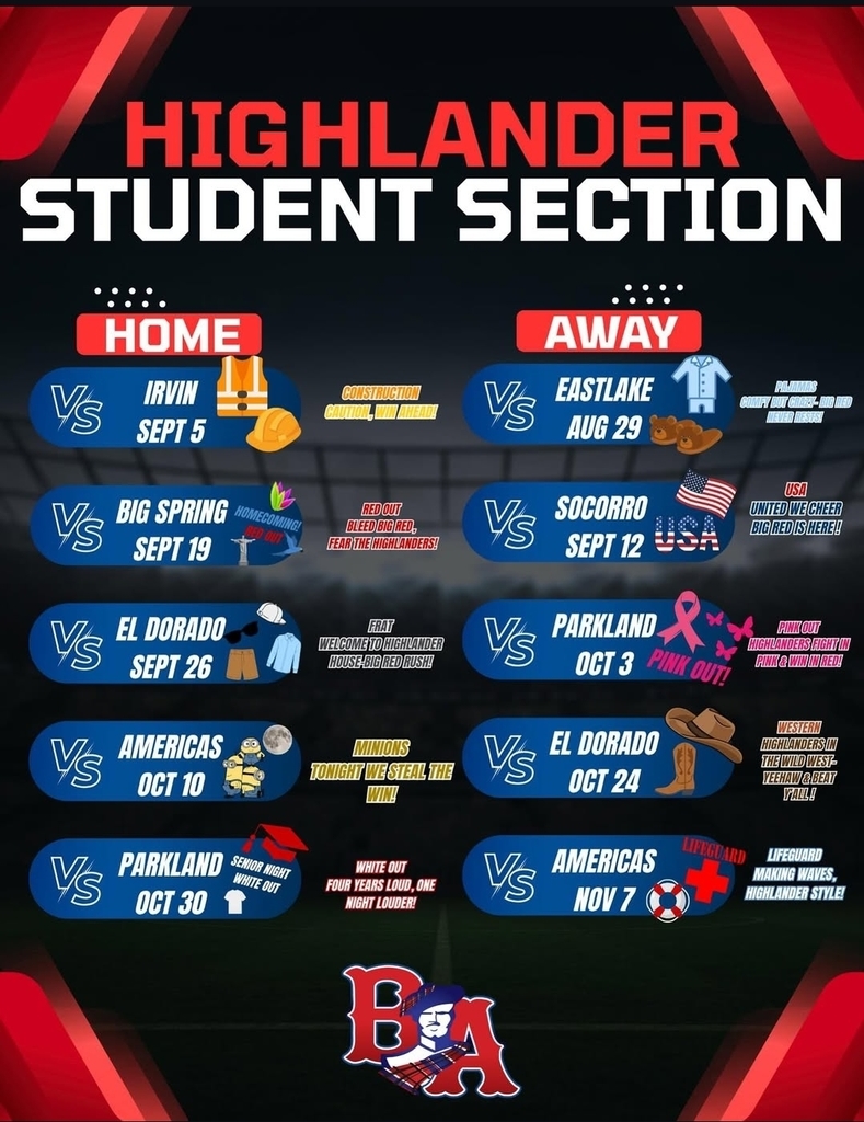 Highlander Student Section Themes for our season.  Get out there BIG RED and support the team!