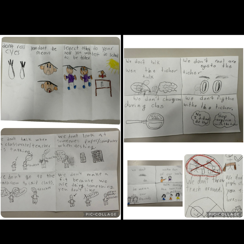 Students illustrating and writing what not to do at school.