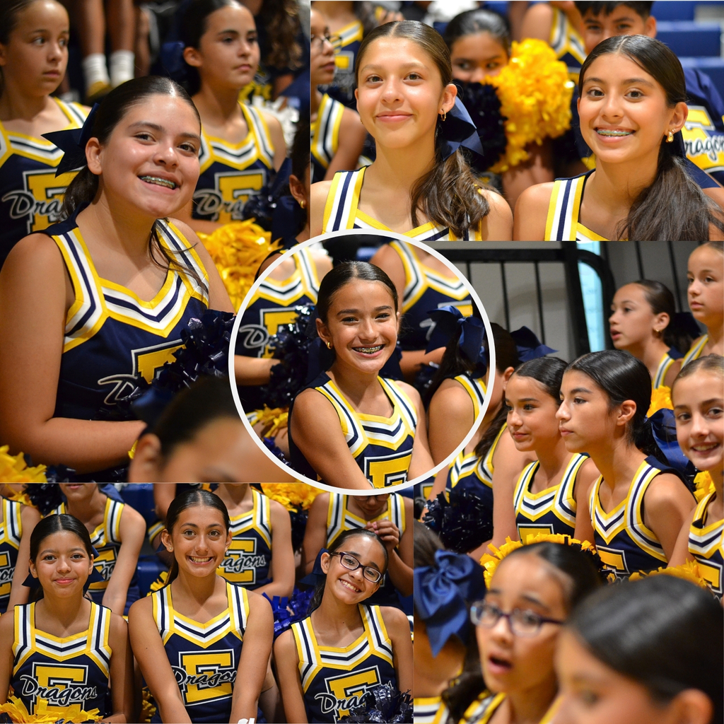 Photo collage of EKIS cheer team members at a volleyball game.