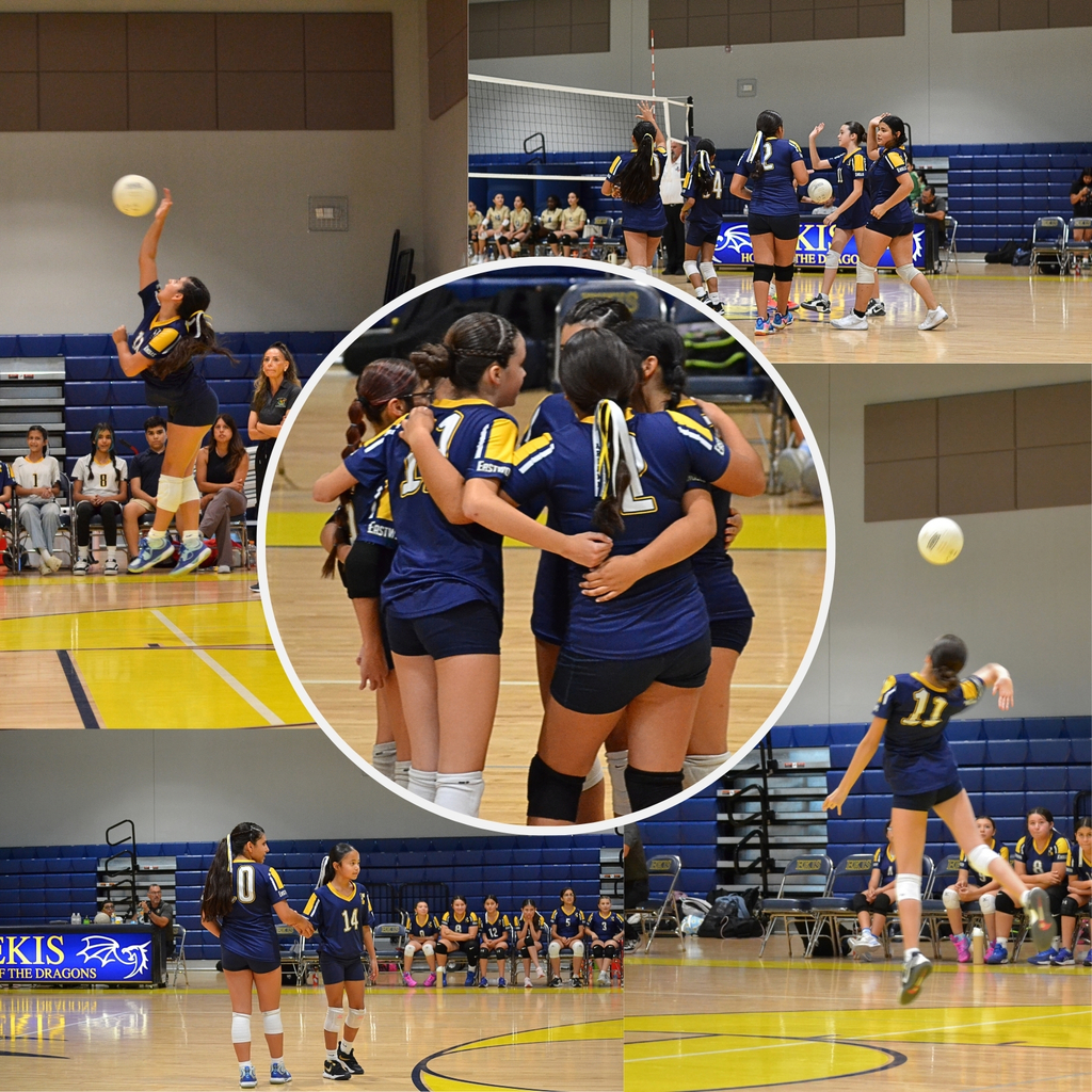 Photo collage of EKIS volleyball team members at a volleyball game.