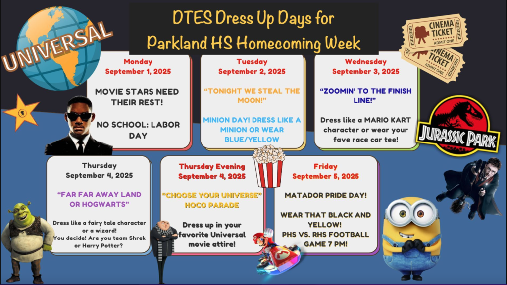 A flyer with all the Parkland High School Homecoming dress up days.