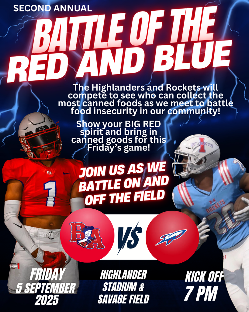 The Highlanders and Rockets will compete to see who can collect the most canned foods as we meet to battle food insecurity in our community! This Friday, Sept. 5th. Kick off 7pm @ Bel Air HS.