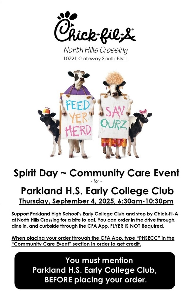 Parkland High School Early College Club Fundraiser Event at Chick-fil-A on Thursday, September 4, 2025 from 6:30am-10:30pm