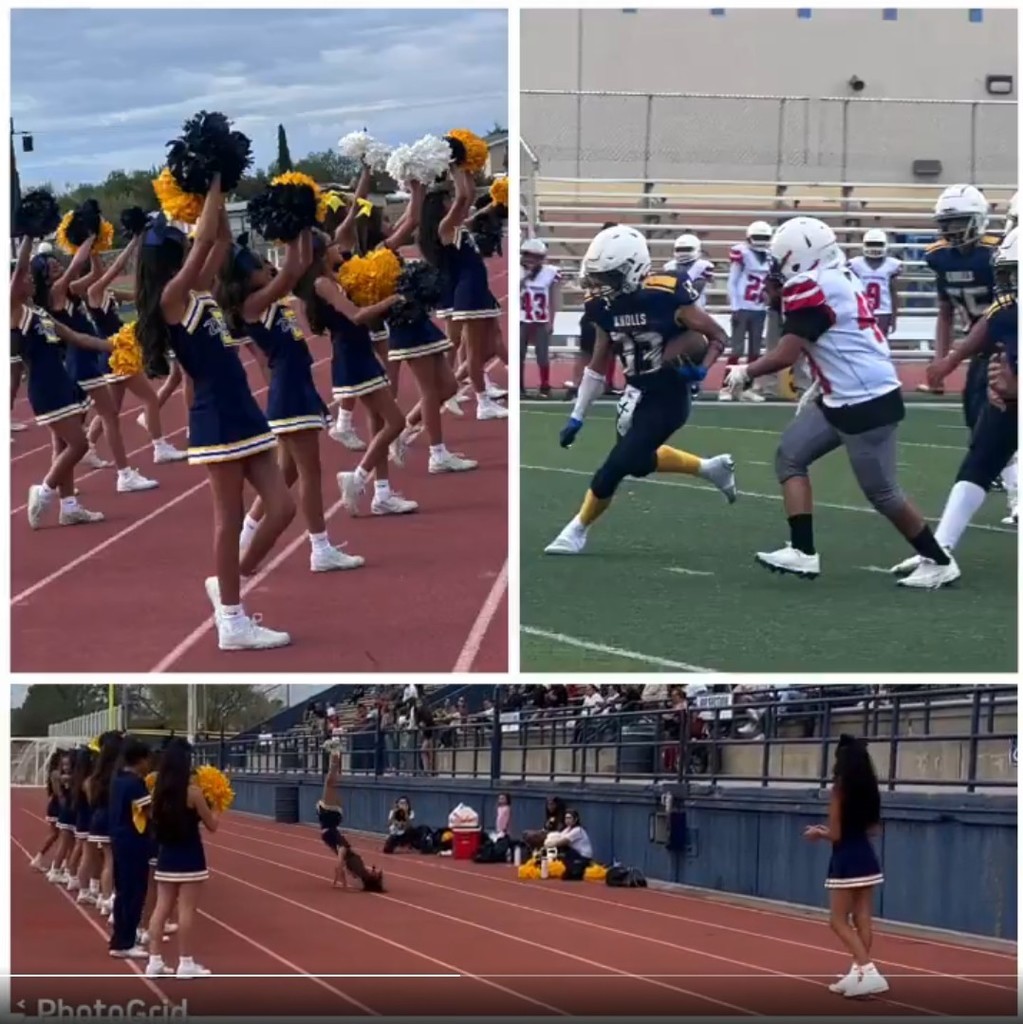 Photo collage of EKIS football players and cheer team.