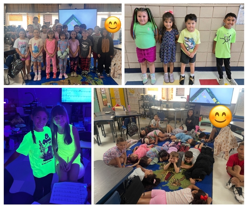 Photo collage of EKIS students celebrating homecoming week with neon and bright colors on Tuesday.
