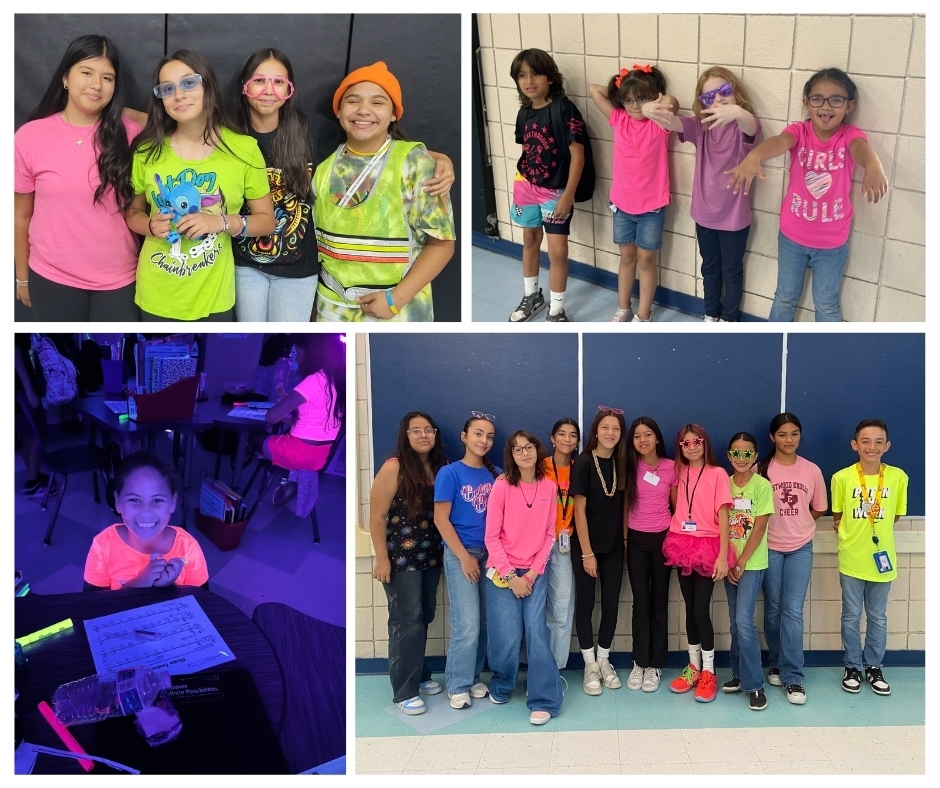 Photo collage of EKIS students celebrating homecoming week with neon and bright colors on Tuesday.