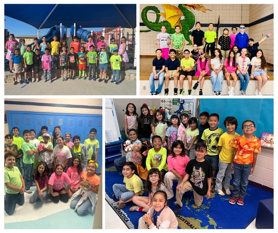 Photo collage of EKIS students celebrating homecoming week with neon and bright colors on Tuesday.