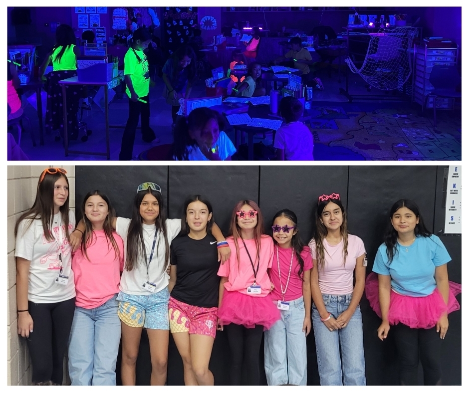 Photo collage of EKIS students celebrating homecoming week with neon and bright colors on Tuesday.
