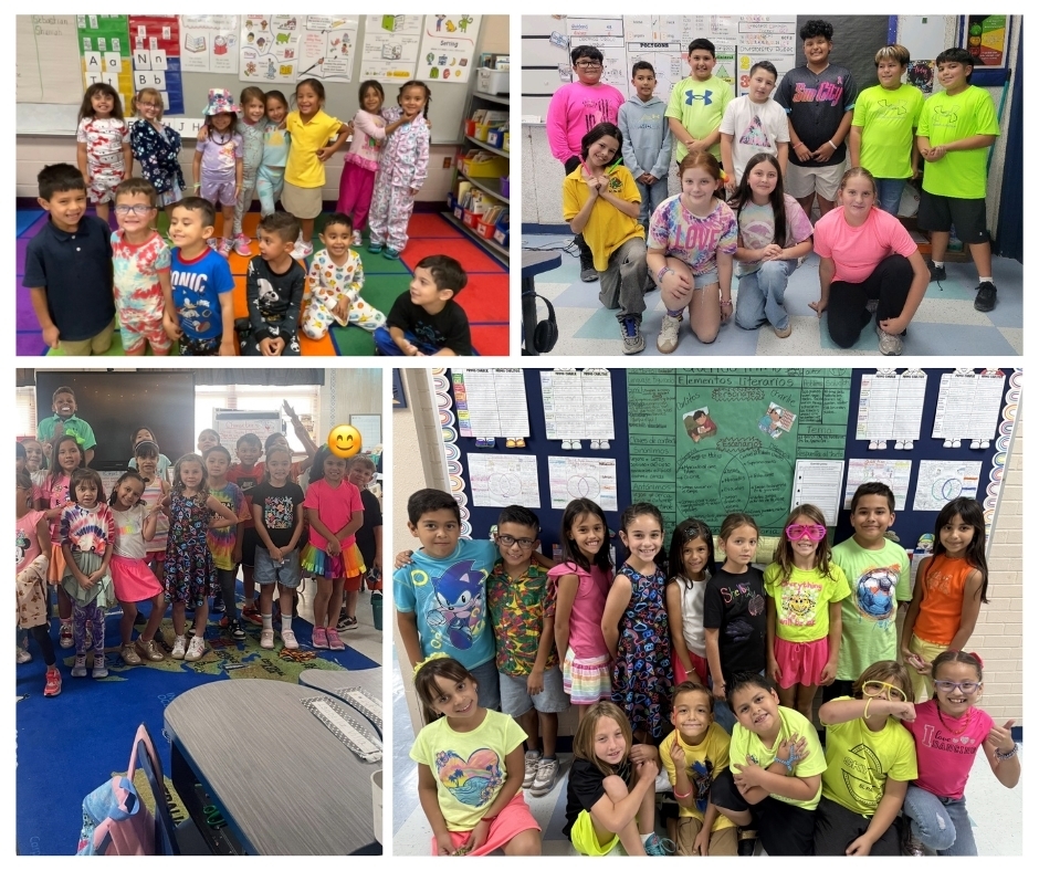 Photo collage of EKIS students celebrating homecoming week with neon and bright colors on Tuesday.