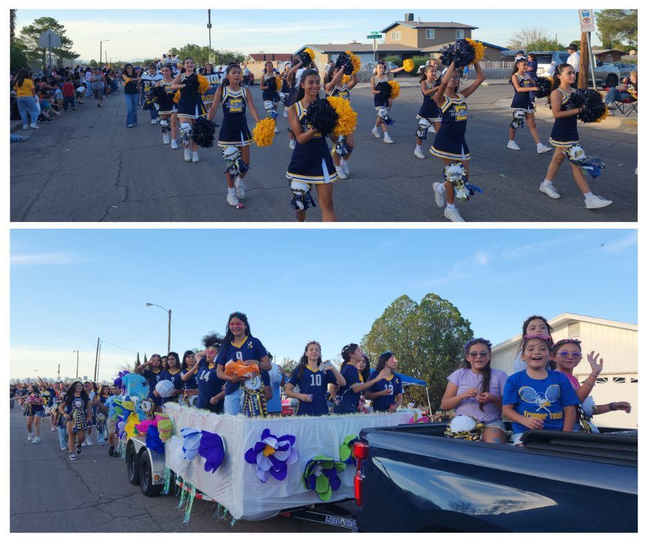 Photo collage of EKIS students, athletes, and parents participating in the EHS HOCO parade.