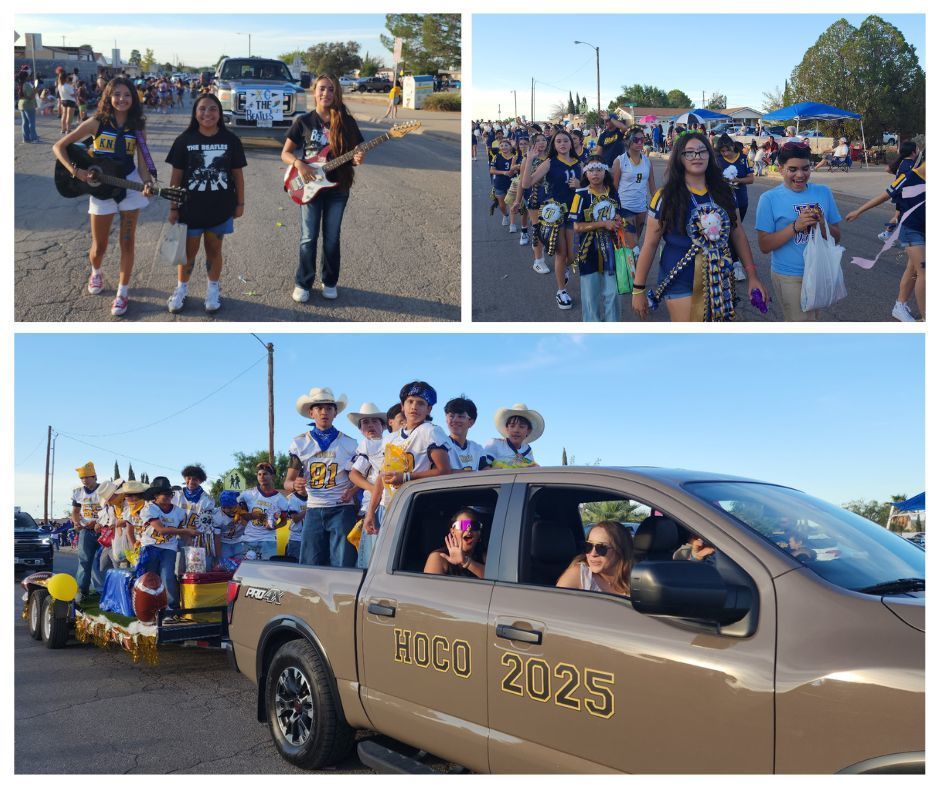 Photo collage of EKIS students, athletes, and parents participating in the EHS HOCO parade.