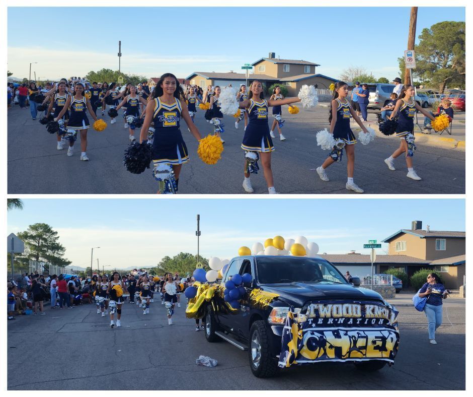 Photo collage of EKIS students, athletes, and parents participating in the EHS HOCO parade.