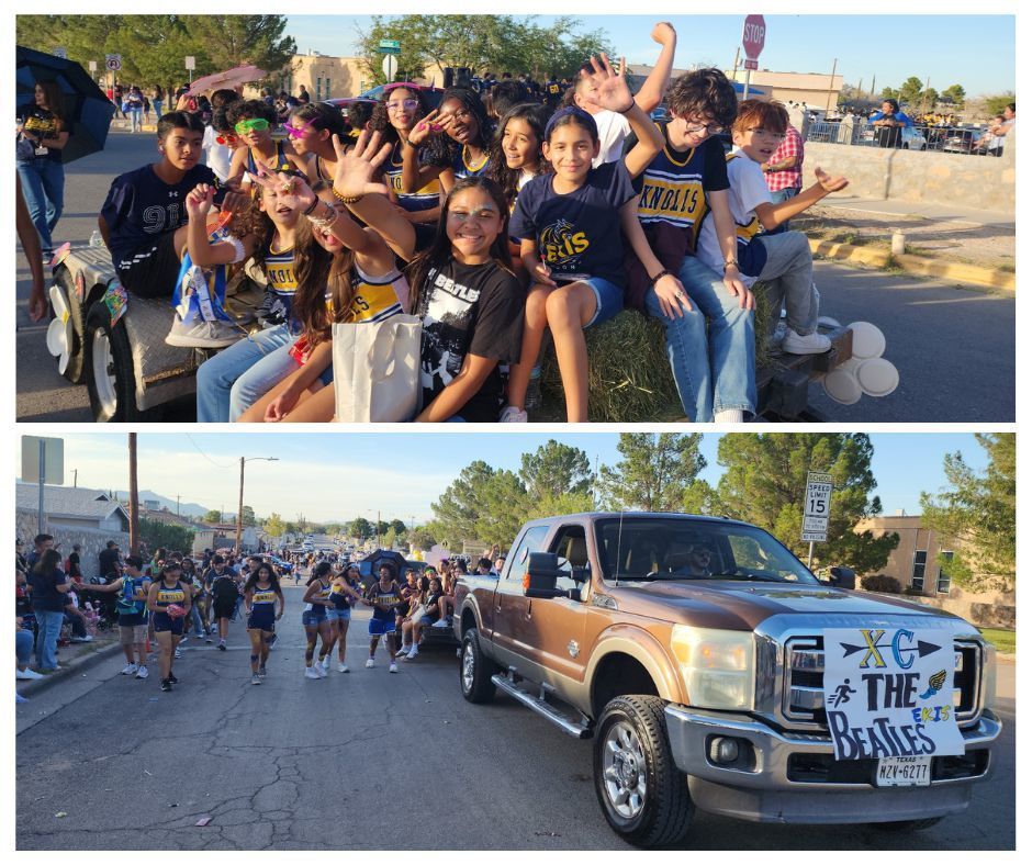 Photo collage of EKIS students, athletes, and parents participating in the EHS HOCO parade.