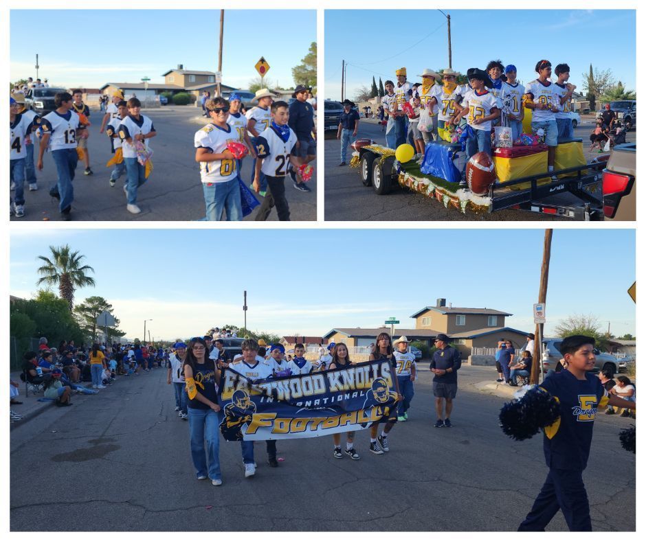 Photo collage of EKIS students, athletes, and parents participating in the EHS HOCO parade.