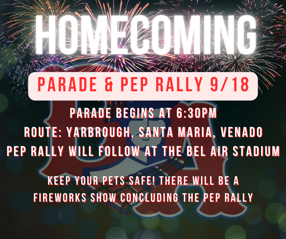BIG RED'S Homecoming parade will take place on Thursday, Sept 19th at 6:30pm.  Following the parade, a pep rally and fireworks show will take place at Bel Air Stadium.  If you live nearby, please secure your pets.  Loud fireworks can scare them and cause them to run away.  See you there Highlanders!!! #BigRedPride #LoyalForever #THEDISTRICT
