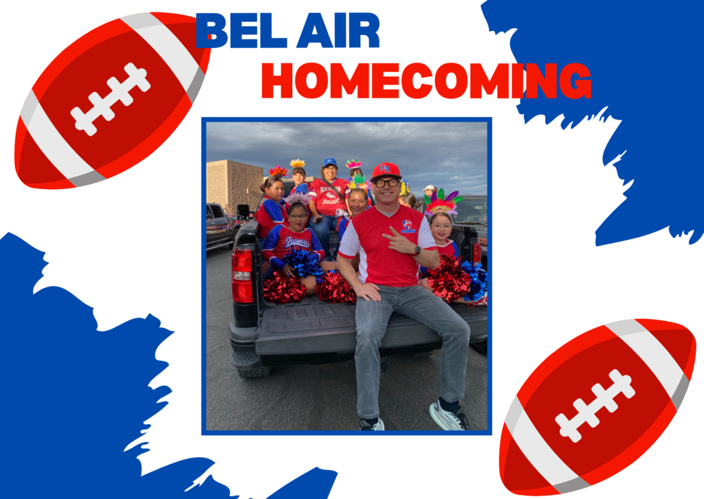 Principal Miguel Muñoz with members of the cheer team waiting for the parade to start.