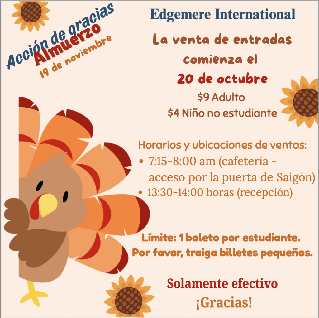 🍂 A partir del 20 de octubre: ¡Boletos para el Día de Acción de Gracias disponibles! Límite de un boleto por estudiante.