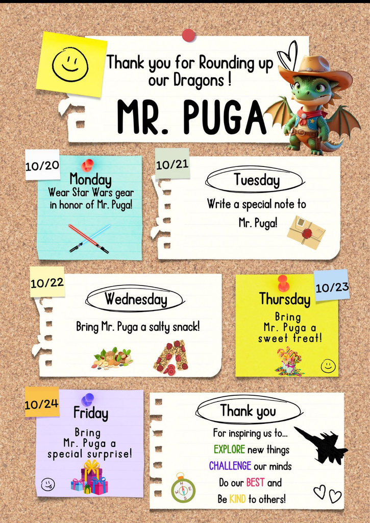 Flyer designating days of the week to celebrate Mr. Puga.