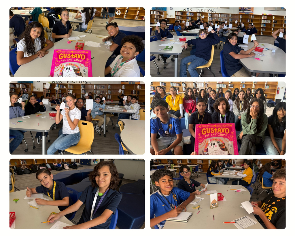 Photo collage of EKIS students listening to a story and making Gustavo ghosts.