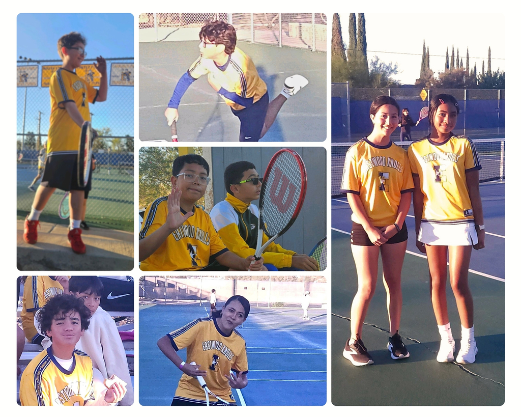 Photo collage of the EKIS tennis team at the first tennis tournament of the season.