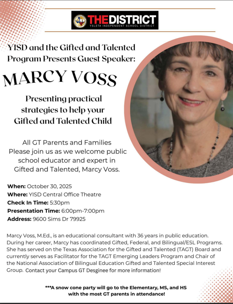 YISD and the Gifted and Talented Program Presents Guest Speaker: MARCY Voss, presenting practical strategies to help your Gifted and Talented Child