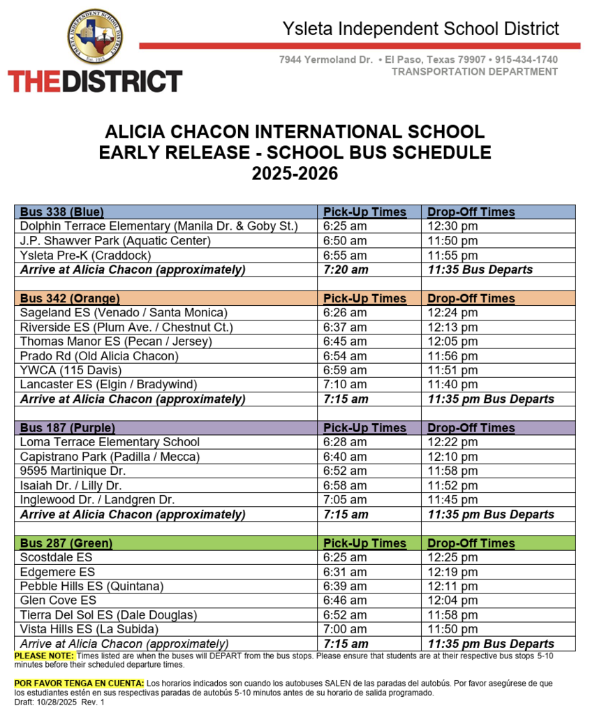 Early Release bus schedule