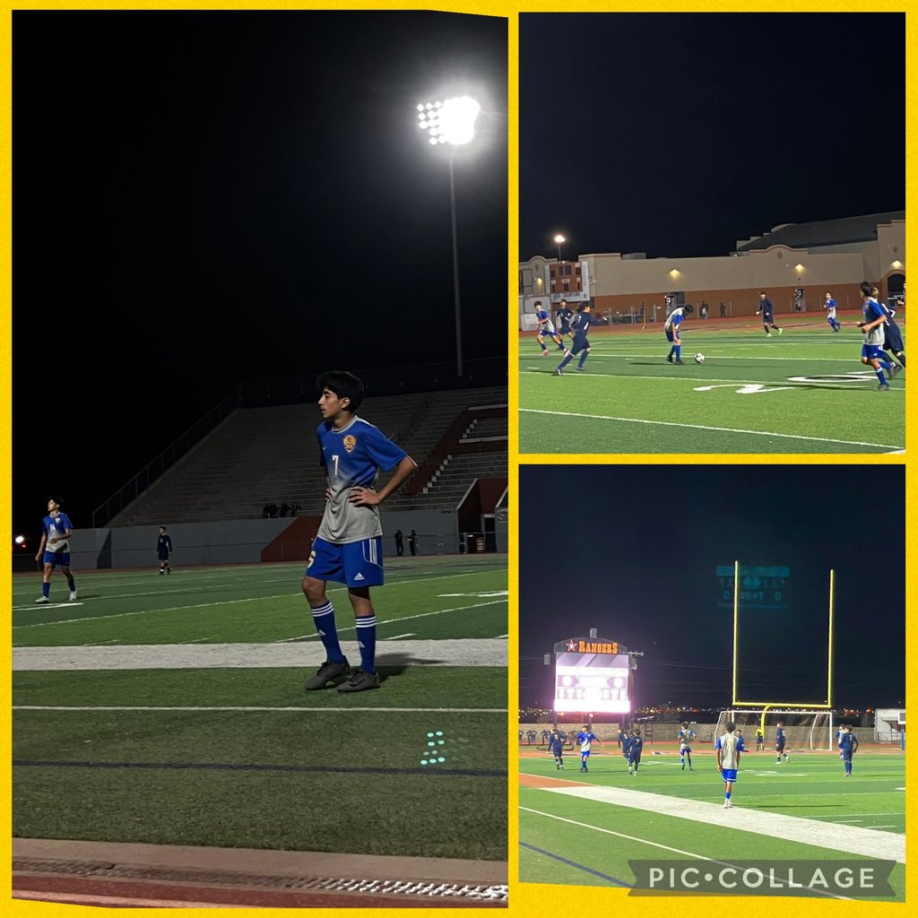 Photo collage of EKIS 8th grade soccer players at a game.