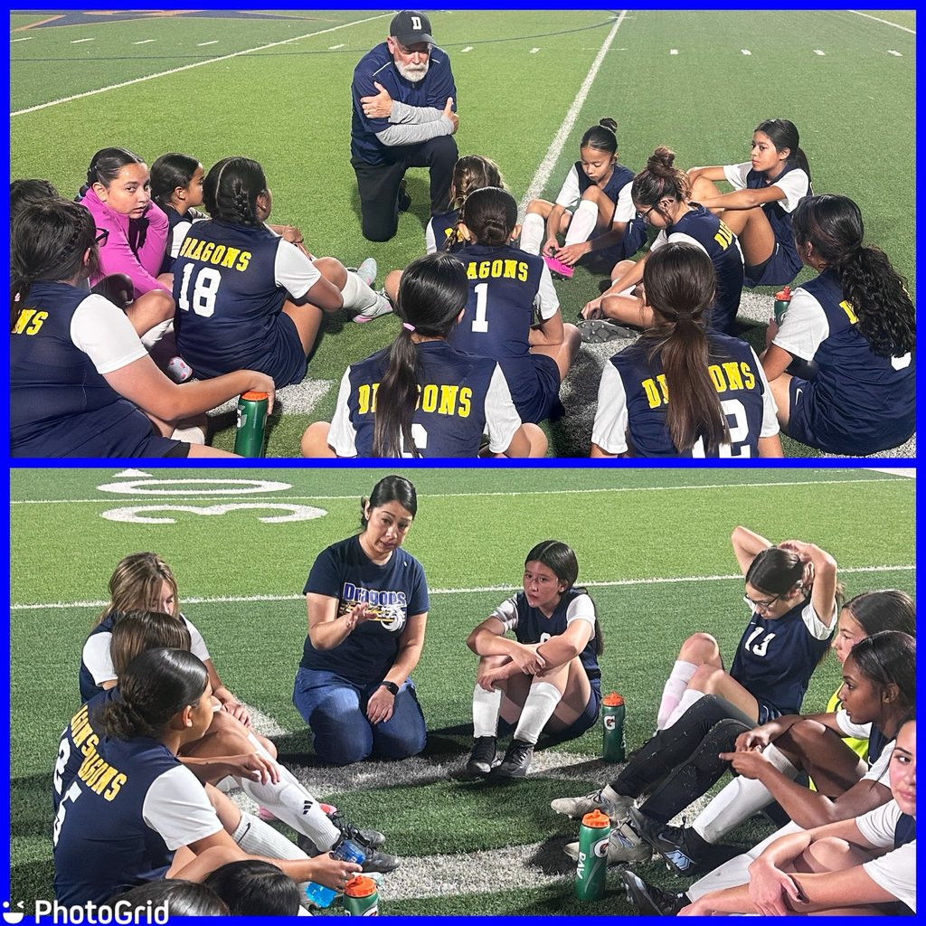 Photo collage of EKIS 7th and 8th grade girls soccer players meeting with their coach.