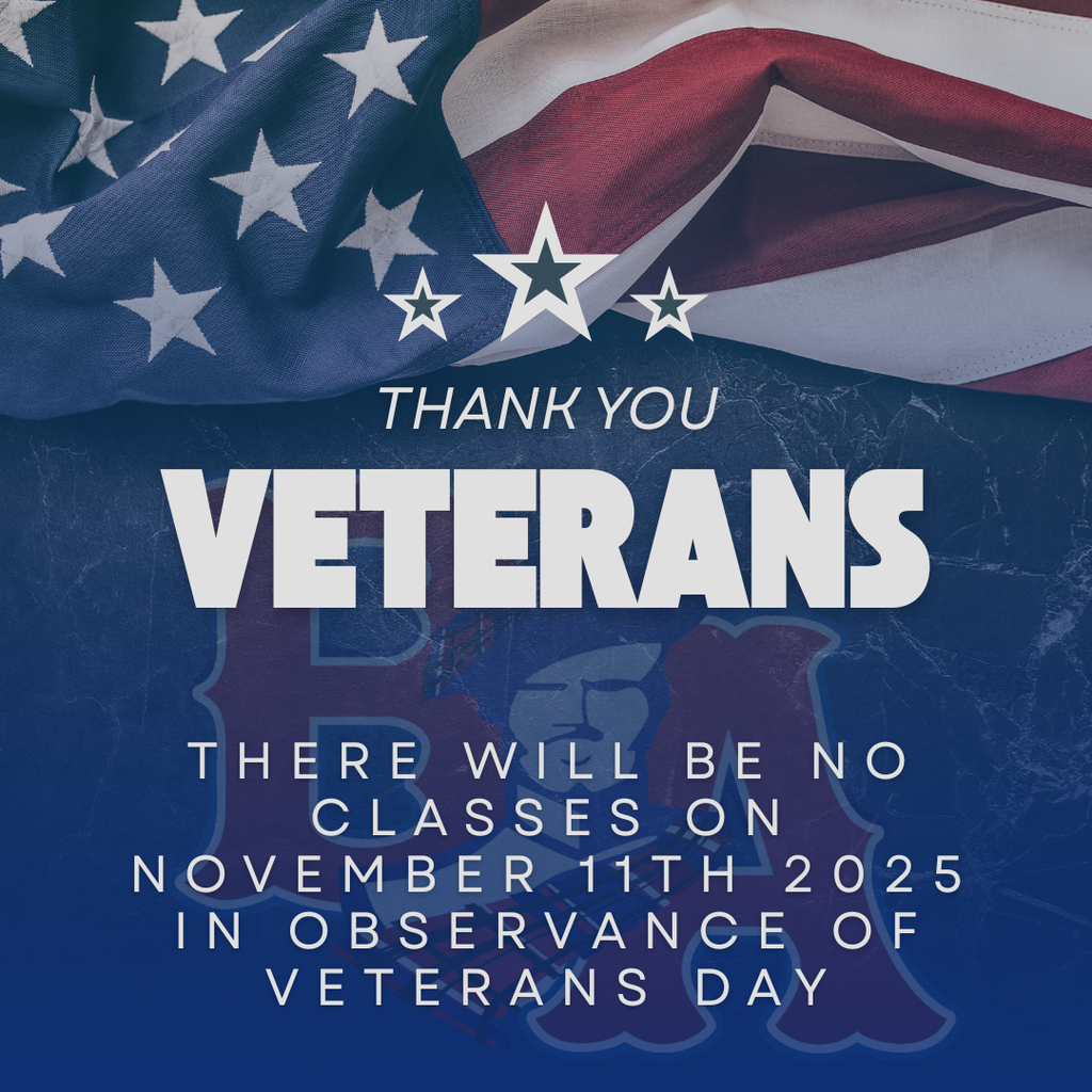 In observance of Veterans Day, there will be no classes on Tuesday, November 11th.