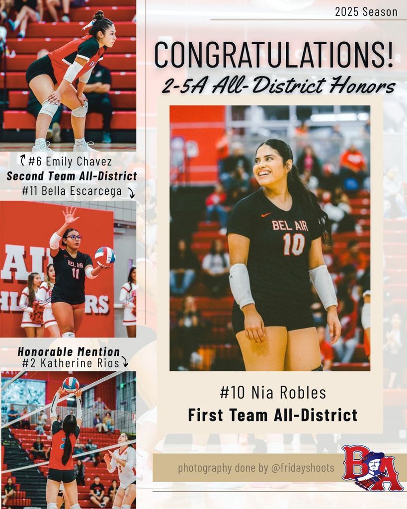 This past Monday at District meetings, 4 of our volleyball student-athletes were selected as honorees to the All-District Team.  Nia Robles - First Team  Emily Chavez - Second Team Bella Escarcega - Second Team Katherine Rios - Honorable Mention  Congratulations!
