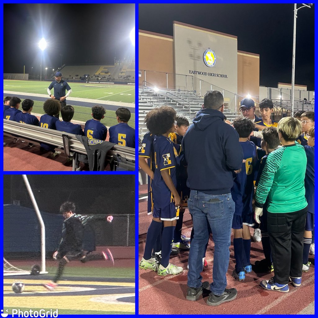 Photo collage of EKIS boys soccer teams at a game.