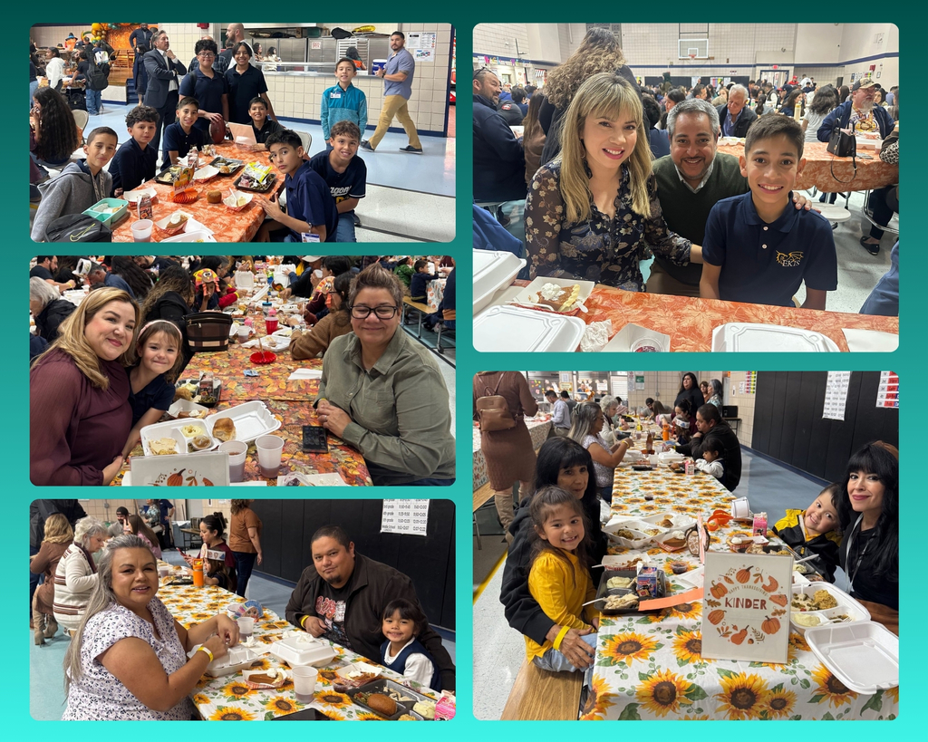Photo collage of EKIS students and parents enjoying Thanksgiving lunch.
