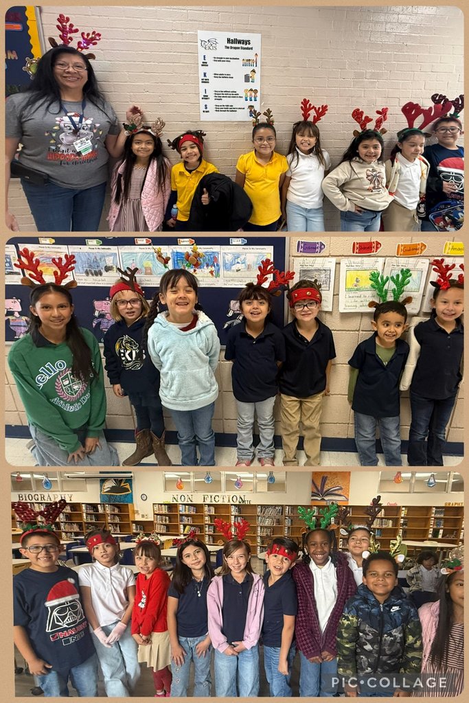 Photo collage of EKIS students wearing antlers.