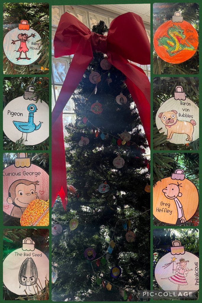 Photo collage of tree ornaments decorated by EKIS 8th-grade students.