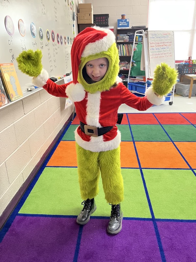 Student dressed as the Grinch posing.