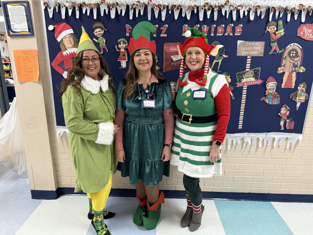 Admin and staff dressed as elves.