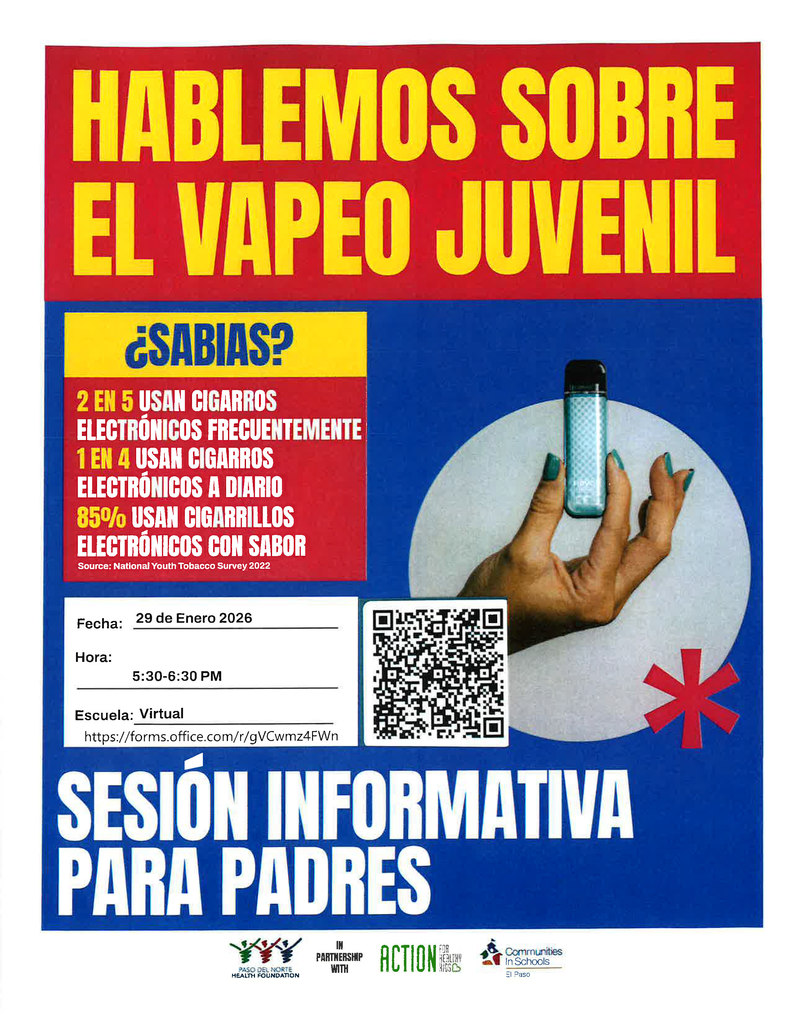 A Spanish only Presentation about teenage vaping on January 29th, 5:30pm, Virtual Meeting.