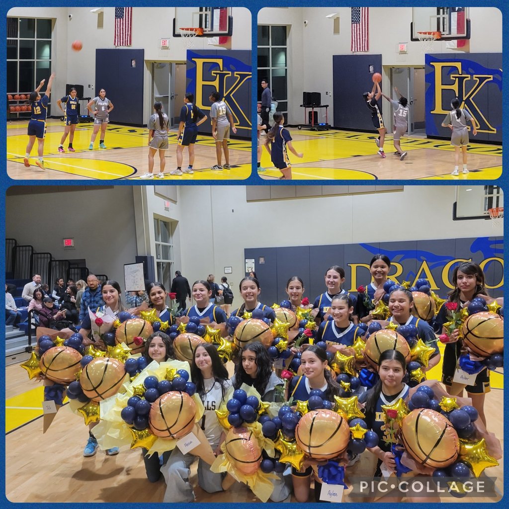 Photo collage of the EKIS 8th grade girls basketball team at a game.