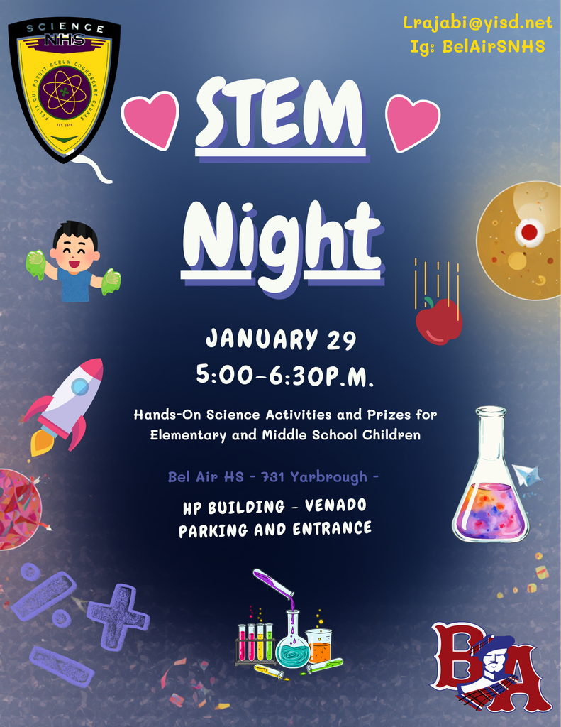 Stem night and open house of the health professions program at bel air high school. Event is on January 29th from 5 to 6:30 pm.