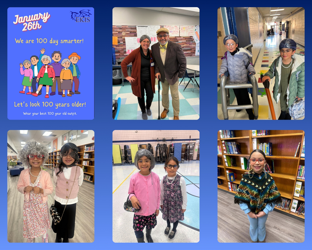 Photo collage of EKIS faculty and students celebrating 100 days of school.