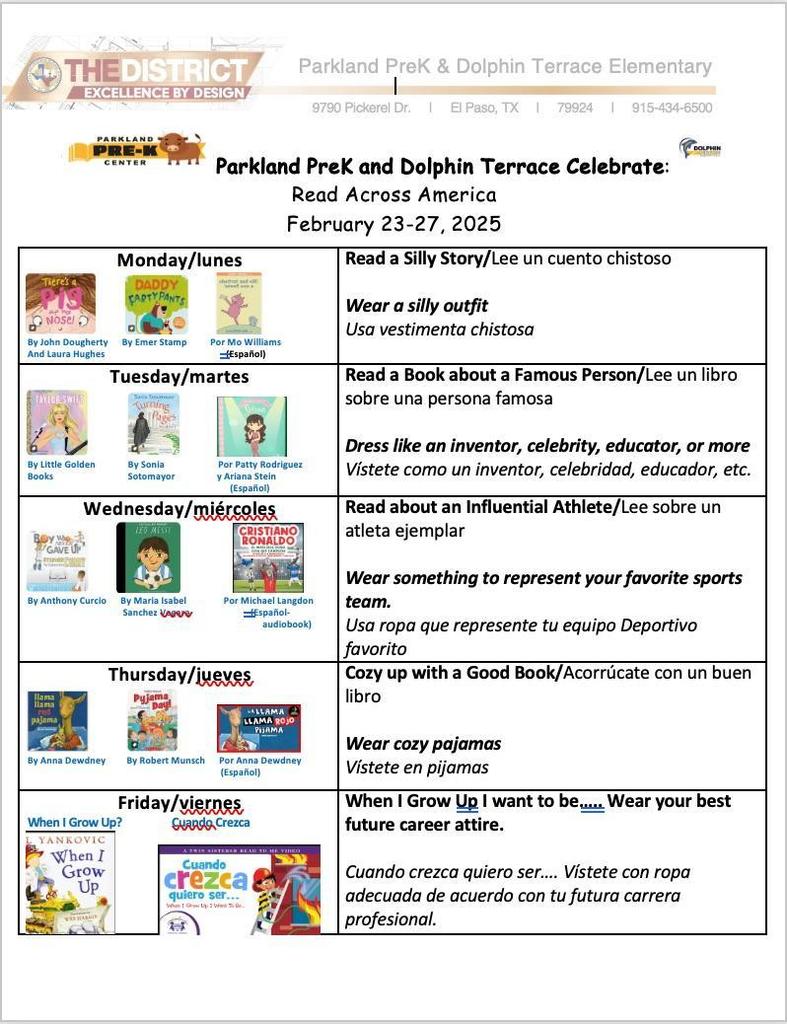 Poser showing dress up days and books to read for Read Across America Week.