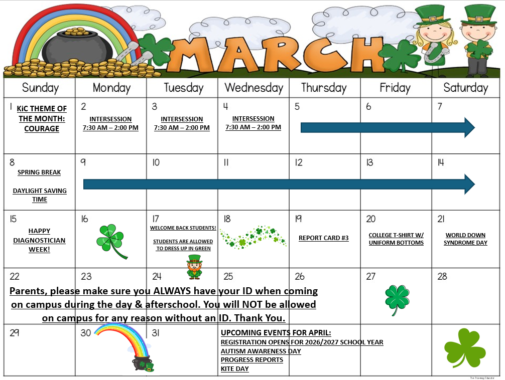 March calendar for Presa Elementary