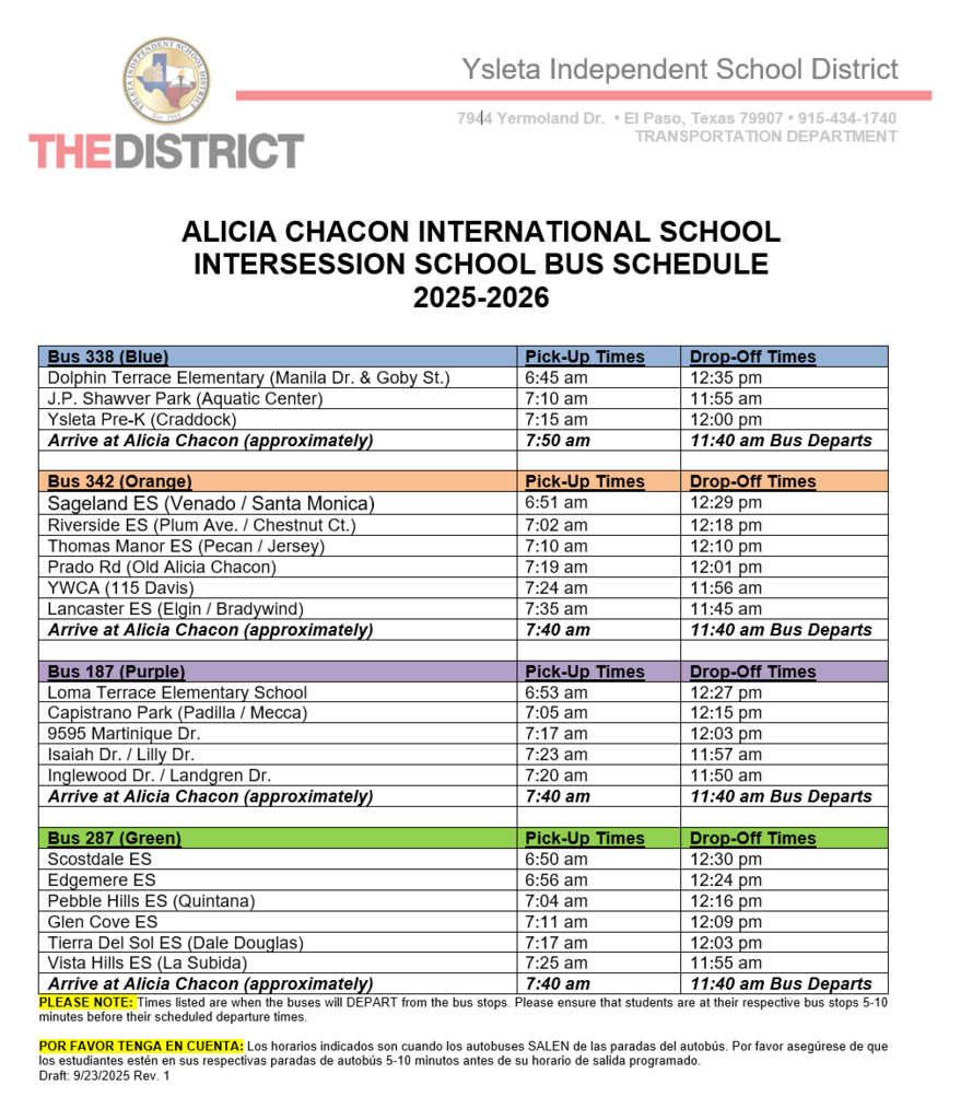 Intersession Bus Schedule