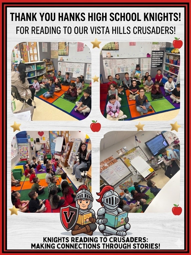 "Knights ⚔️ + Crusaders 🛡️ = A legendary day of reading! Huge shoutout to the high schoolers from Hank’s High for inspiring our students today. We love seeing our schools come together! 📖✨ #VistaHillsElementary #HanksHighSchool"