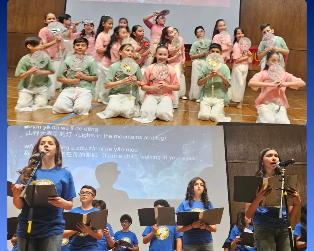 Photo collage of EKIS students at the Chinese New Year celebration performance.